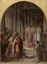 Esquisse pour l'église Saint-Ambroise: Saint Ambroise interdit l'entrée du lieu saint à..., c.1873. Creator: Jules Eugene Lenepveu.