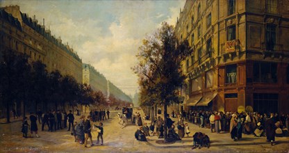 Queue à la porte d'une épicerie (angle de la rue Réaumur et du boulevard Sébastopol)..., 1871. Creators: Alfred Decaen, Jacques Guiaud.
