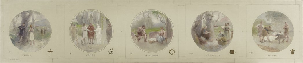 Esquisse pour la galerie Lobau de l'Hôtel de Ville de Paris : L'Amour. L'Hymen. La Paternité...,1890 Creator: Jean Pierre Victor Mazies.