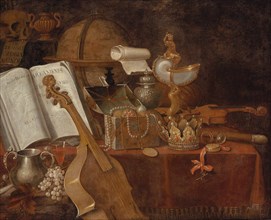 A vanitas still life with an open book, a globe, a nautilus goblet, a violin and precious objects ,  Creator: Collier, Edwaert (1642-1708).