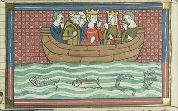 Richard the Lionheart sailing (From "Li rommans de Godefroy de Buillon et de Salehadin"), 1337. Creator: Maître de Fauvel (active 1314-1340).