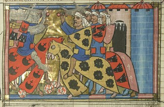 The Battle of Xerigordos in 1096 (From "Li rommans de Godefroy de Buillon et de Salehadin"), 1337. Creator: Maître de Fauvel (active 1314-1340).