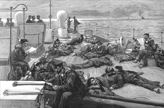 ''The Naval Manoeuvers - Life of a Blue Jacket on board HMS "Conqueror"; Jack's Siesta', 1890. Creator: Charles Joseph Staniland.