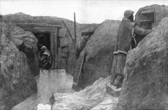 'La tranchee pleine d'eau; au premier plan, le guetteur est au creneau : au fond, dans..., 1916. Creator: Georges Leroux.