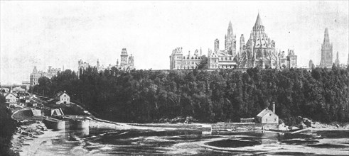''Le Palais du Parlement Canadien a Ottawa.- Vue d'ensemble des batiments dominant la riviere.',1916 Creator: Unknown.