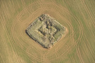 Square English Civil War gun emplacement earthwork on Nebsworth Hill, Ilmington, Warwickshire, 2018.