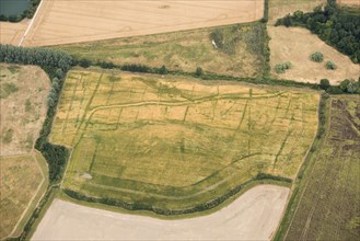 Etonbury deserted medieval settlement showing as a crop mark, near Arlesey, Bedfordshire, 2018.