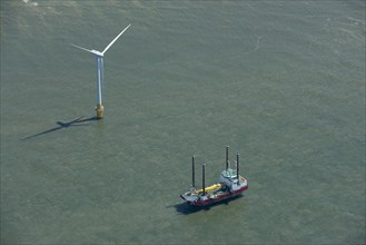 Wind turbine installation vessel at Scroby Sands Wind Farm, Norfolk, 2021.