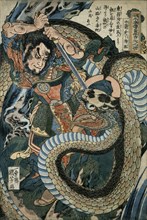 Chusenko Teitokuson (Ding Desun) attacked by a snake on a mountain path, 1827-1830.
