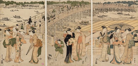 Ryogoku Bridge with figures in the foreground, 18th century.