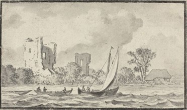 Three Boats on a River with Ruins Along the Shore, n.d. Attributed to Allart van Everdingen.
