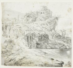 Rocky Promontory with Ruins and Cascades (recto); Sketch of Cliff with Buildings (verso), n.d. Creator: G E Petit.