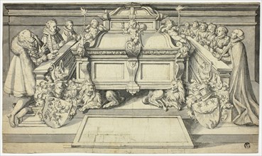 Design for Epitaph: Family Members Kneeling Before Tomb, n.d. Attributed to Hans Holbein the younger.