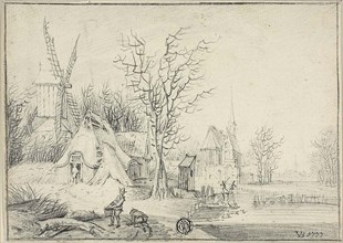 Village with Windmill and Church, 1777. Attributed to Paul Theodor van Brussel.