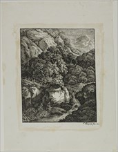 Wooded Mountain Landscape with a Small Waterfall and Pathway, 1805.