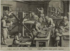 The Invention of Copper Engraving, c. 1591. Printing workshop.