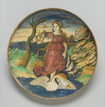 Shallow bowl on low foot with the muse Clio riding on a swan through a watery landscape, c. 1535/1540.