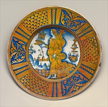 Large dish with segmental border of plant sprays and scale pattern..., c. 1510/1540. Creator: Unknown.