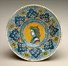 Deep bowl with "Persian palmette" ornament; in the center, a profile bust..., c. 1490/1500. Creator: Unknown.