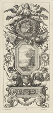 Ornamental Panel Surmounted with Two Figures Leaning on the Bust of a Woman, 1647.