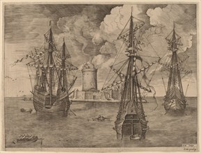 Four-Master (Left) and Two Three-Masters Anchored near a Fortified Island with a Lighthouse, 1565.