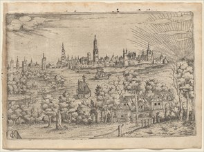 View across a River to a Walled City at Sunset, 1540s.