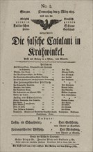 Theater playbill for "Die falsche Catalani in Krähwinkel," presented by the Königlich..., c1825. Creator: Adolf Bauerle.