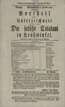 Theater playbill for "Die falsche Catalani in Krähwinkel," benefit performance..., c1831. Creator: Adolf Bauerle.