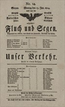 Theater playbill for "Fluch und Segen" and "Unser Verkehr," presented by the Königlich..., c1824. Creator: Christoph Ernst von Houwald.