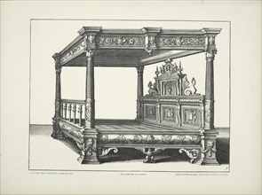 Design for four-poster bed with two carved sphinxes on headboard, c1869. Creator: Unknown.