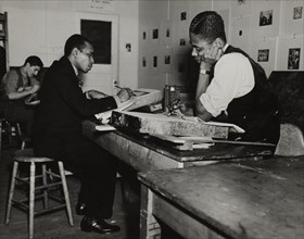 Three students in an art class, Harlem Community Art Center, 1938.