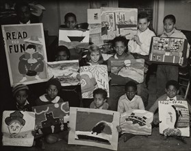 Flatbush art students showing examples of their work, 1935.
