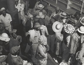 Negro day laborers brought in by truck from nearby towns, waiting to be paid off and..., Oct 1939. Creators: Farm Security Administration, Marion Post Wolcott.