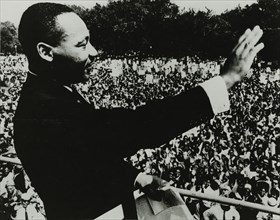 Dr. Martin Luther King, Jr. waving to the crowd from the steps of the Lincoln Memorial..., 1963. Creator: Unknown.