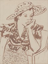 Seated woman with hat at Studio, ca.1935-1943.
