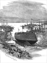 ''Launching the new Italian Ironclad "La Sardegna" at Spezia', 1890. Creator: Charles William Wyllie.