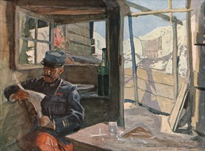 'Dans les tranchees; Le gourbi d'un capitaine d'infanterie aux "cavaliers de Courcy..., 1915. Creator: Charles Hoffbauer.