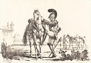 Carabinier Mounting a Horse. Creator: Carle Vernet.