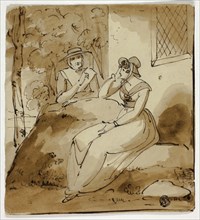 Two Women Conversing Near House, 1790. Creator: Unknown.