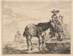 Two Horses Drinking at a Trough, 1651. Creator: Dirck Stoop.