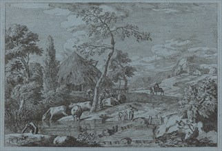 Cattle and Figures at a Farmyard Stream. Creator: Marco Ricci.