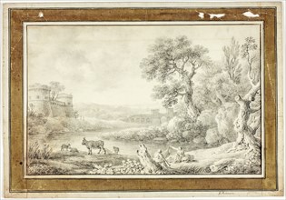 Couple, Bull and Sheep by River with Castles in Background, n.d.