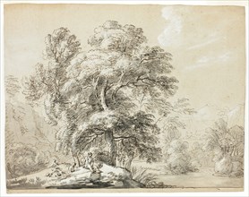 Man and Dog Seated Below Trees by River, n.d. Creator: Paul Sandby.