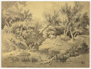 Two Figures Punting on Woodland Stream, n.d. Creator: William Henry Pyne.