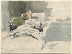 The Artist's Wife Reading in Bed, 1885/1890. Creator: Leopold Kalckreuth.