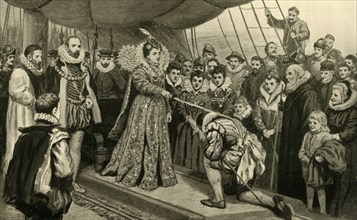 'Queen Elizabeth Knighting Sir Francis Drake', (1902).  Creator: Unknown.