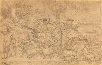 Shepherd Playing a Flute and Leading His Flock. Creator: Domenico Campagnola.