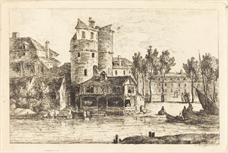 Town on a River Bank with Two Round Towers, c. 1770. Creator: Nicolas Perignon.