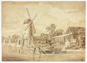 Two Figures with Docked Boats near Windmill, n.d. Creator: Hendrik Frans de Cort.