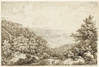 Landscape with Wooded Hills, Seated Figure, 1756. Creator: Nicolaes Emmanuel Perij.